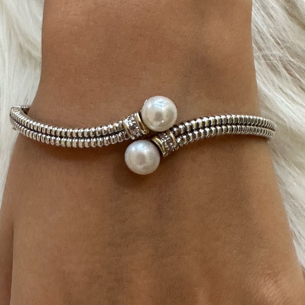 14k 925 real Diamonds Sterling Silver real Pearl Open Cuff Bracelet